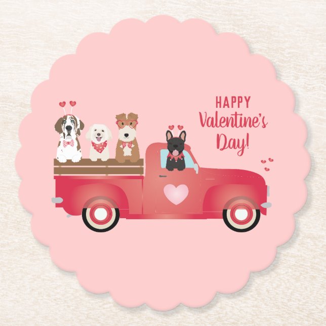 Dessous-de-verre En Papier Joyeux Valentines Jour Pickup Camion Aimer Chiens (Devant)