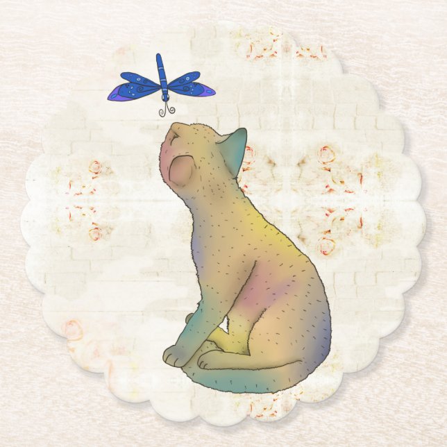 Dessous-de-verre En Papier Katze und blaue Libelle (Devant)