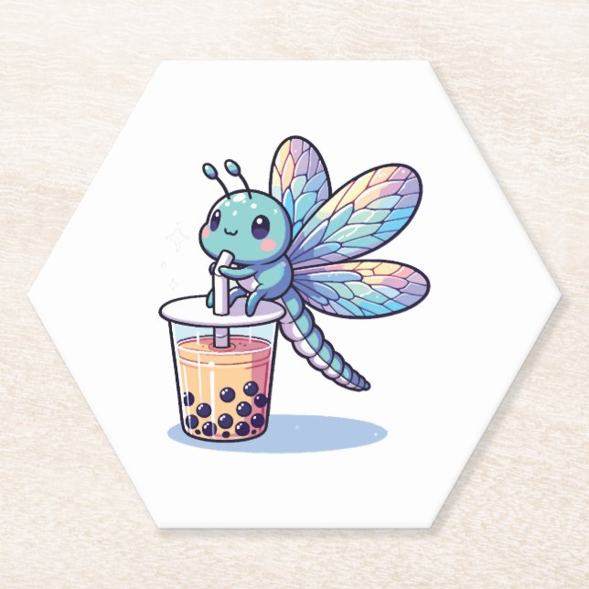 Dessous-de-verre En Papier Kawaii Dragonflies Bubble Tea Boba Dragonfly (Devant)