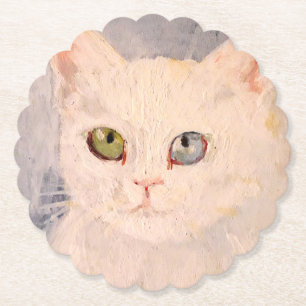 Dessous-de-verre En Papier Kitten blanc avec yeux bleus et écorce de papier o