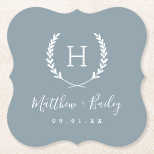 Dessous-de-verre En Papier Laurel Crest Mariage Monogramme   Dusty Blue