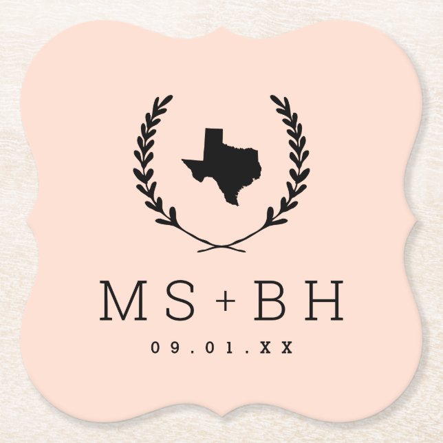 Dessous-de-verre En Papier Laurel Crest Texas Mariage Monogramme | Blush (Devant)