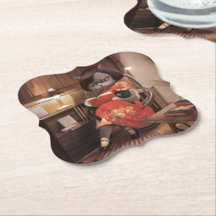 Dessous-de-verre En Papier Lecture Chat à Cheongsam