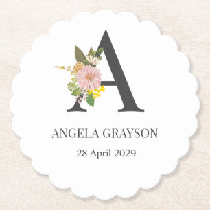 Dessous-de-verre En Papier Lettre A Monogramme Floral Nom et Date Personnalis
