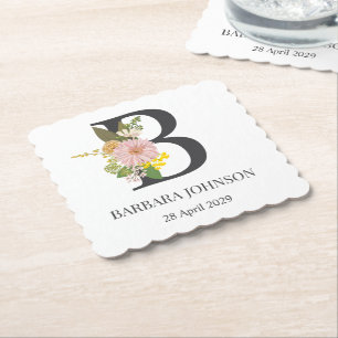 Dessous-de-verre En Papier Lettre B Monogramme Floral Nom et Date Personnalis