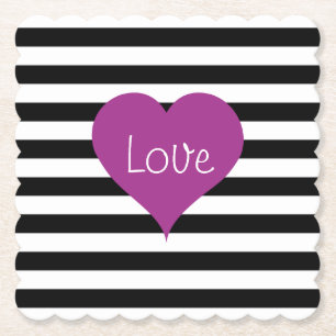 Dessous-de-verre En Papier LOVE Pink Heart Black & White Stripes Motif