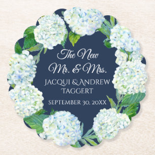 Dessous-de-verre En Papier M. n Mme White Hydrangea Floral Navy Blue Mariage