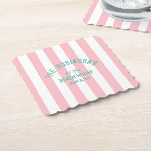 Dessous-de-verre En Papier Maison de plage Nom personnalisé Pink Cabana Strip