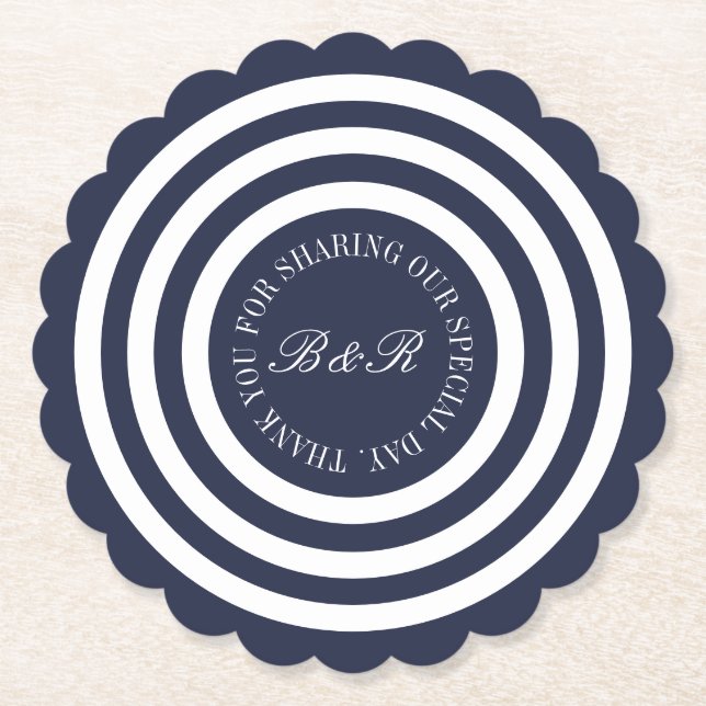 Dessous-de-verre En Papier Mariage à bandes bleu marine monogramme personnali (Devant)