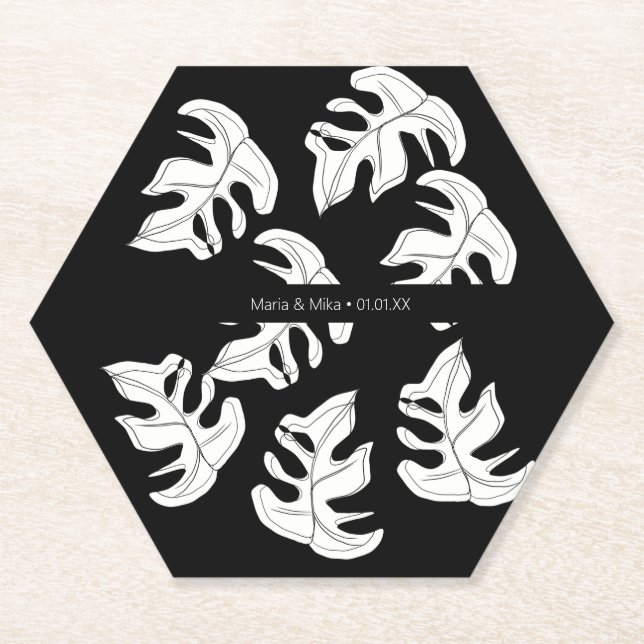 Dessous-de-verre En Papier Mariage botanique Monstera noir blanc (Devant)
