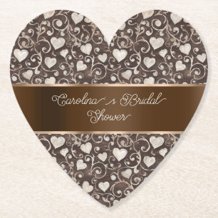 Dessous-de-verre En Papier Mariage Brown Cream Hearts Ruban Douche