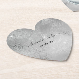 Dessous-de-verre En Papier Mariage de dentelle fleurie argentée