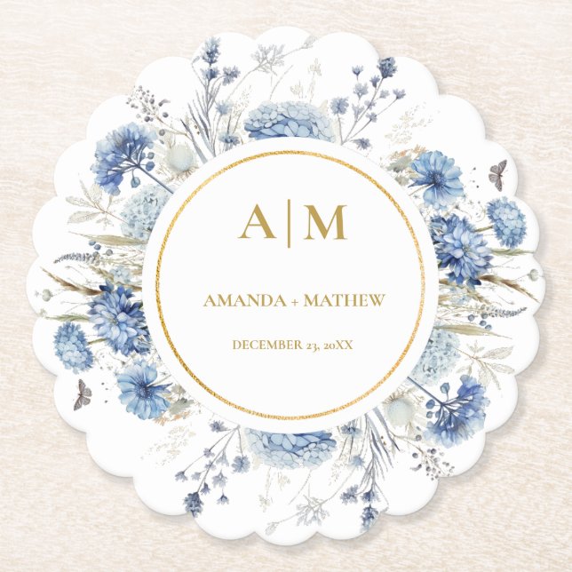 Dessous-de-verre En Papier Mariage de fleurs de printemps bleu Dusty (Devant)