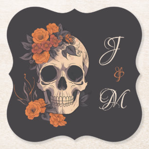 Dessous-de-verre En Papier Mariage Élégant Crâne Monogramme Floral Orange