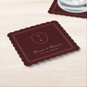 Dessous-de-verre En Papier Mariage Élégant Monogramme Crête Bordeaux et Or