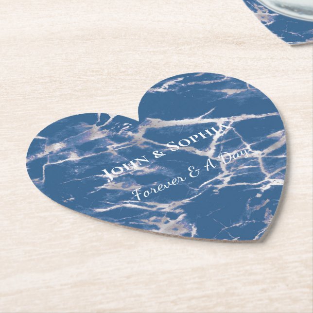 Dessous-de-verre En Papier Mariage en marbre bleu argenté (Incliné)