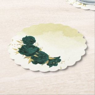 Dessous-de-verre En Papier Mariage fleuri en or vert émeraude