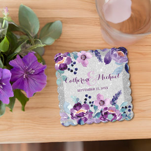 Dessous-de-verre En Papier Mariage Fleurie Aquarelle Violette et Paillettes d