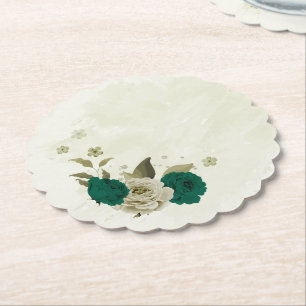 Dessous-de-verre En Papier mariage fleurs beige vert émeraude