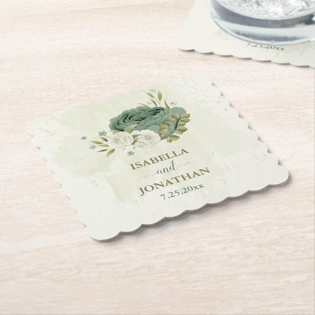 Dessous-de-verre En Papier mariage fleurs blanches vert sauge (Incliné)