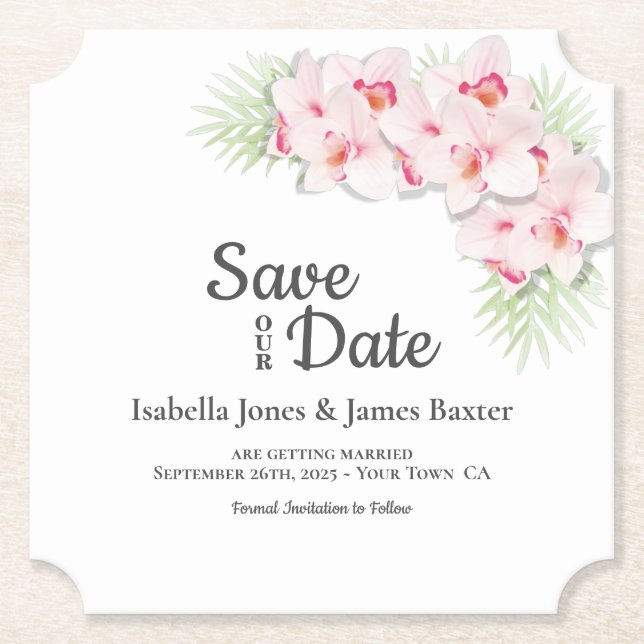 Dessous-de-verre En Papier Mariage floral rose Économisez-le-Date (Devant)