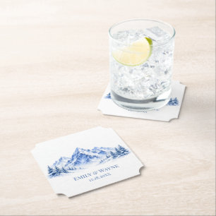 Dessous-de-verre En Papier Mariage Montagnes Aquarelle Eau Bleue et Neige