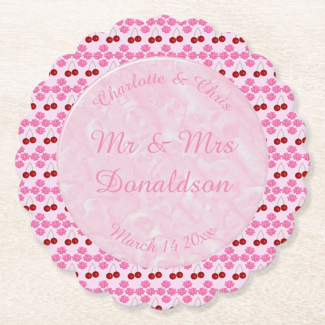 Dessous-de-verre En Papier Mariage rose Printemps Cerisiers en fleurs et ceri (Devant)