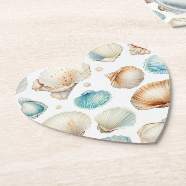 Dessous-de-verre En Papier Mariage Thème Coquillages de Plage Crème Aqua (Incliné)