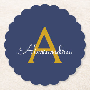 Dessous-de-verre En Papier Marine Blue Gold Modern Script Girl Monogramme Nom