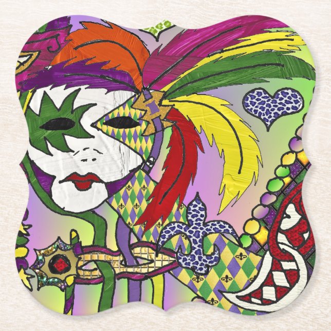 Dessous-de-verre En Papier Masque de plumes de Mardi Gras psychédélique (Devant)