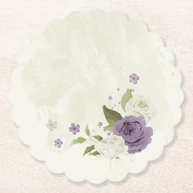 Dessous-de-verre En Papier mauve fleurs blanches verdure mariage (Devant)