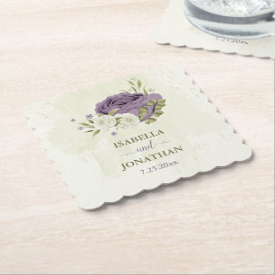 Dessous-de-verre En Papier mauve fleurs blanches verdure mariage