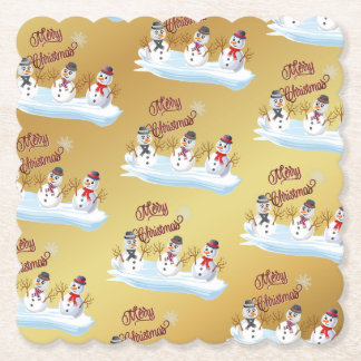 Dessous-de-verre En Papier Merry Christmas and snowmen on faux gold