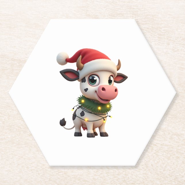 Dessous-de-verre En Papier Merry Christmas Cow Santa Christmas Lights Cow Xma (Devant)