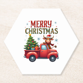 Dessous-de-verre En Papier Merry Christmas Scottish Highland Cow Xmas Farm An