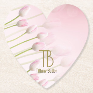 Dessous-de-verre En Papier Moderne Élégant Monogramme Powder Pink Tulips Part