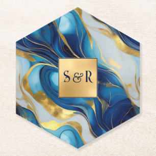 Dessous-de-verre En Papier Monogramme Faux Mariage marbré or, bleu et blanc