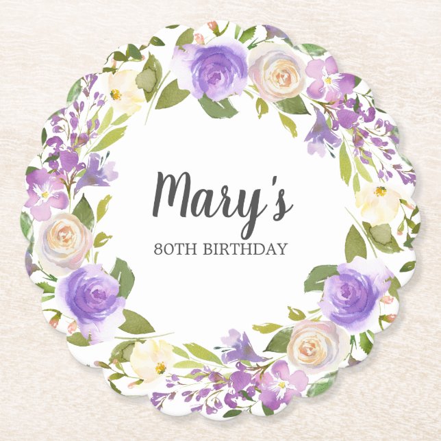 Dessous-de-verre En Papier Monogramme floral pourpre 80e anniversaire (Devant)