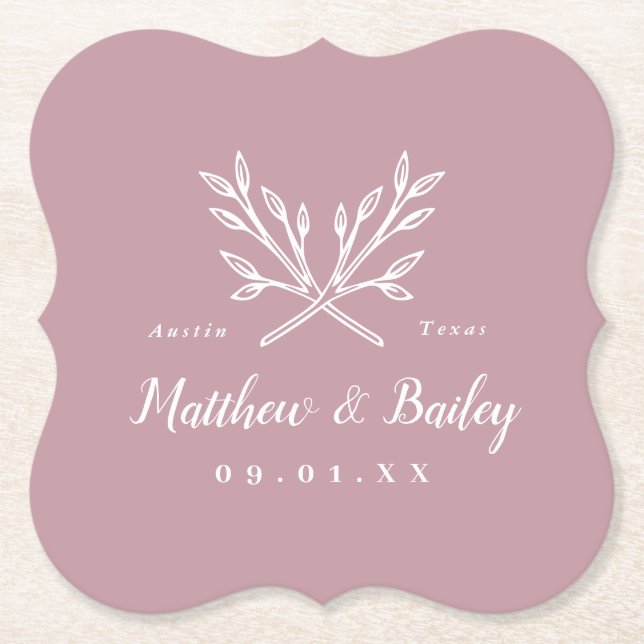 Dessous-de-verre En Papier Monogramme Mariage de branches rustiques | Mauve (Devant)