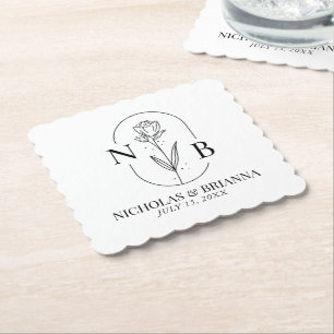 Dessous-de-verre En Papier Monogramme noir blanc minimaliste Mariage classiqu