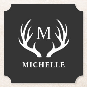 Dessous-de-verre En Papier Monogramme personnalisé avec Antler Cerf Blanc Noi