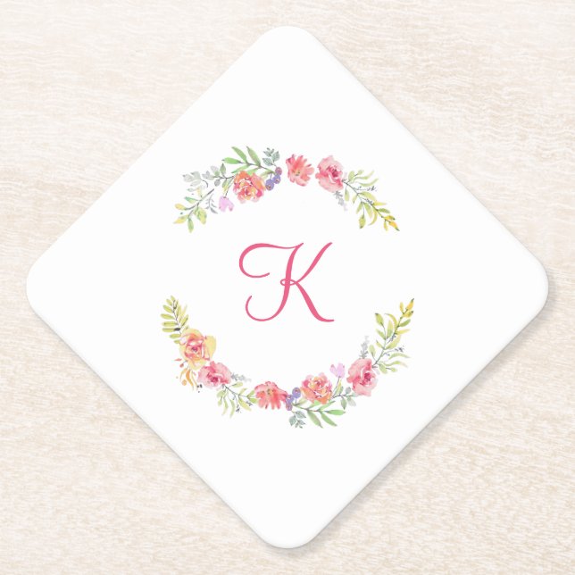 Dessous-de-verre En Papier Monogramme rose, jaune vert Mariage Floral (Devant)