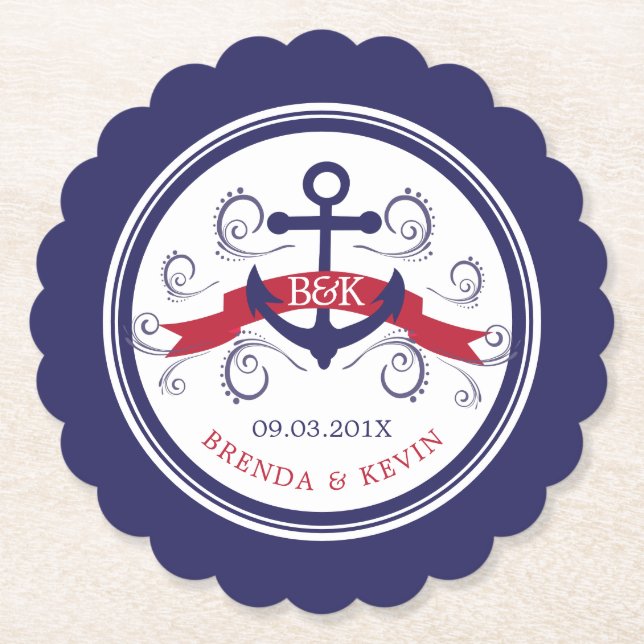 Dessous-de-verre En Papier Monogrammes de mariage d'ancre marine rouge et ble (Devant)
