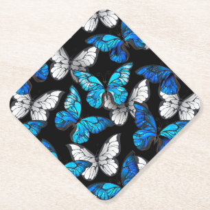 Dessous-de-verre En Papier Motif sans couleur foncée avec papillons bleus Mor