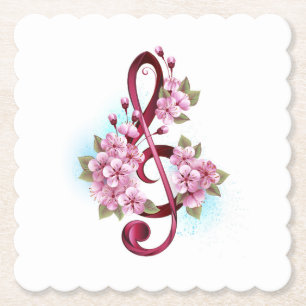 Dessous-de-verre En Papier Musical treble clef notes with sakura flowers