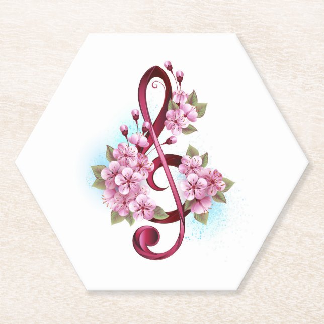 Dessous-de-verre En Papier Musical treble clef notes with sakura flowers (Devant)