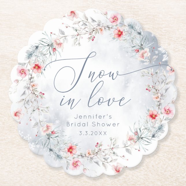 Dessous-de-verre En Papier Neige d'hiver en amour élégante douche nuptiale (Devant)
