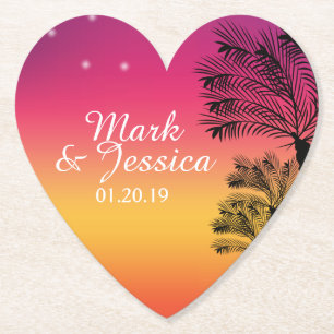 Dessous-de-verre En Papier Neon Pink Ombre Tropical Tree Sunset Beach