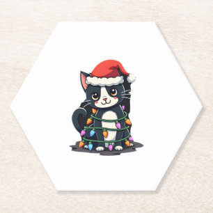 Dessous-de-verre En Papier Noël Chat Tuxedo chat noir xmas lumières kitty c