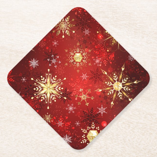 Dessous-de-verre En Papier Noël Golden Snowflakes sur Arrière - plan rouge (Devant)